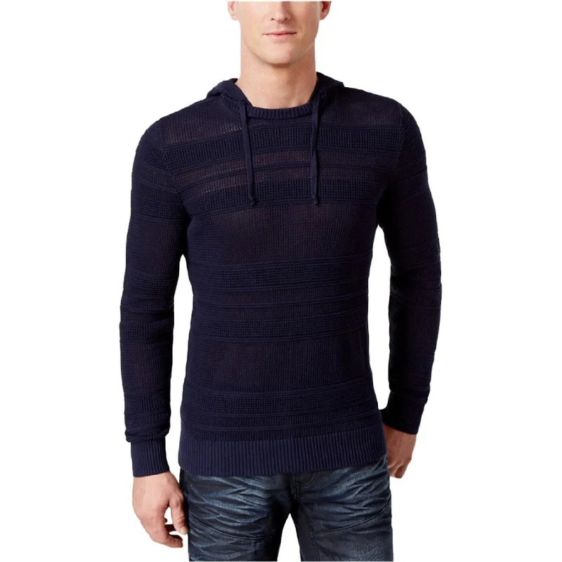 Relaxed Denim I-N-C Mens Open Knit Hooded Pullover Sweater, Blue, Medium