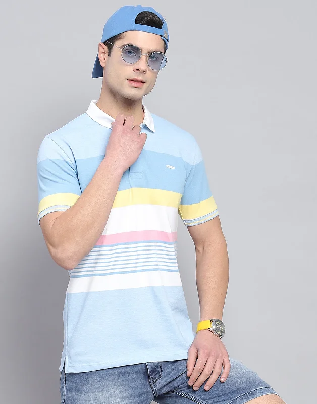 Chic Simplicity Men Blue Stripe Polo Collar Half Sleeve T-Shirt