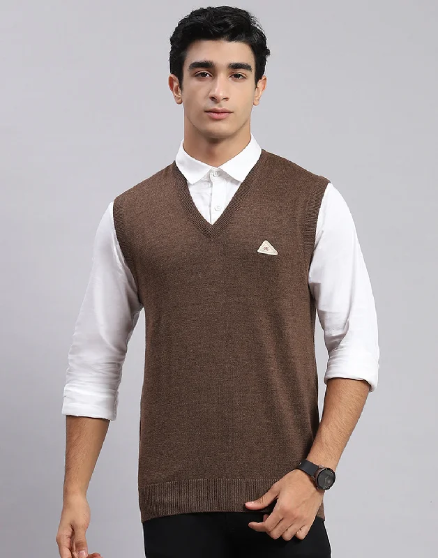 Retro Elegance Men Brown Solid V Neck Sleeveless Sweaters/Pullovers