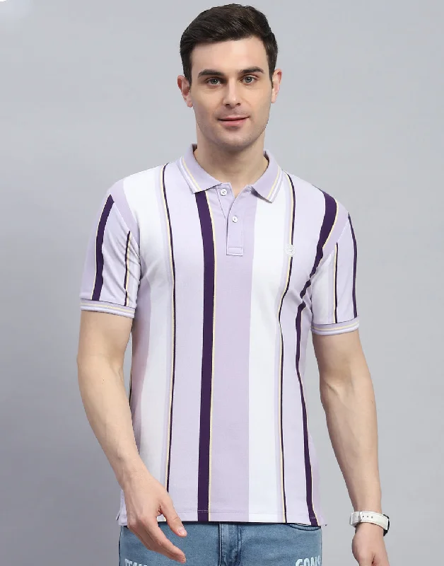 Casual Outdoors Men Purple Stripe Polo Collar Half Sleeve T-Shirt