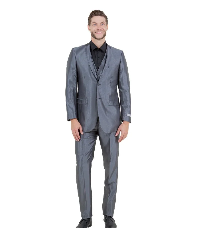 Clean Aesthetic Odyssey Collection: Three-Piece Slim Fit Sharkskin Solid Suit in Dark Grey