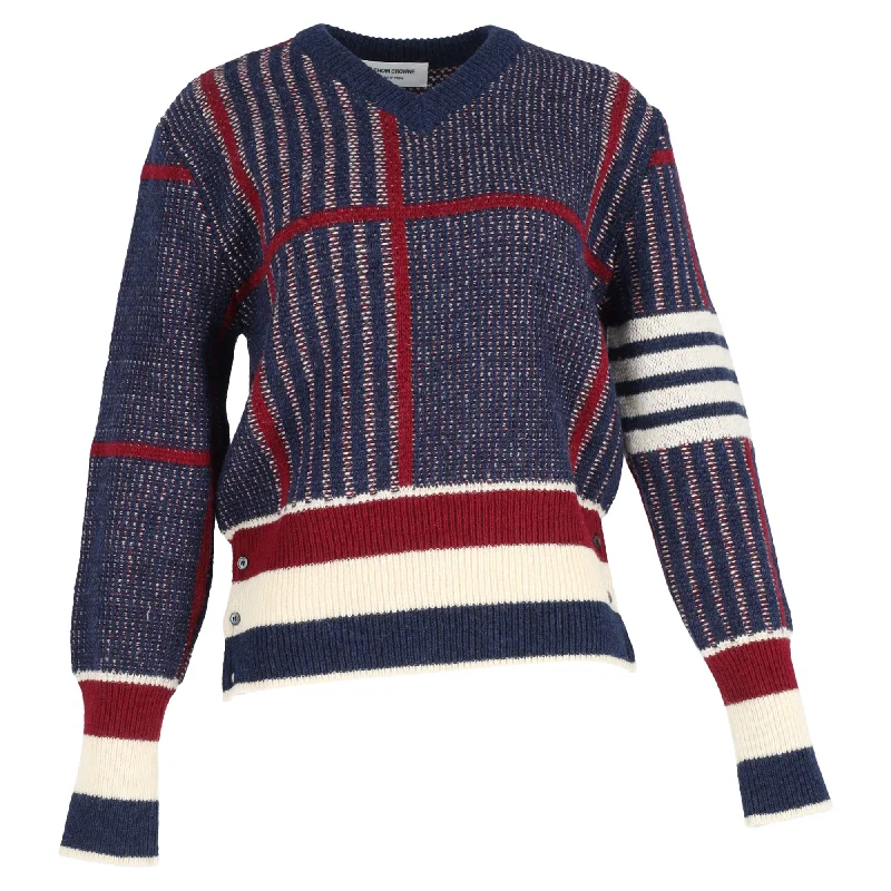 Distressed Denim Thom Browne Plaid V-Neck Sweater in Multicolor Wool