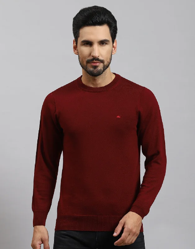 Luxe Casual Men Maroon Solid Round Neck Full Sleeve Pullover