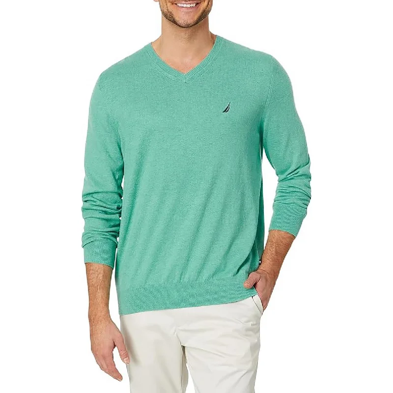 Minimal Earthy Nautica Mens Ribbed Trim  Cable Knit V-Neck Sweater