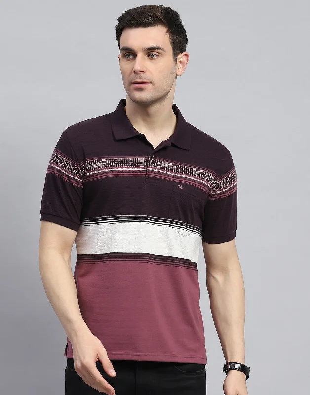 Sporty Elegance Men Purple Stripe Polo Collar Half Sleeve T-Shirt