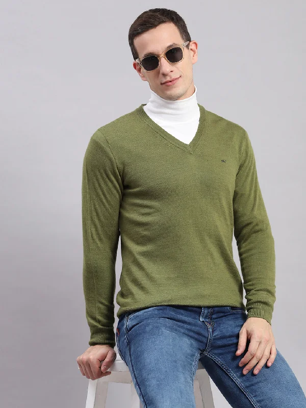 Retro Tailoring Men Green Solid V Neck Full Sleeve Pullover