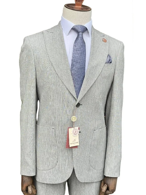 Simplistic Outfit Romaster Mens Slim Fit Gray Linen Blend 2 Piece Suit With Peak Lapels