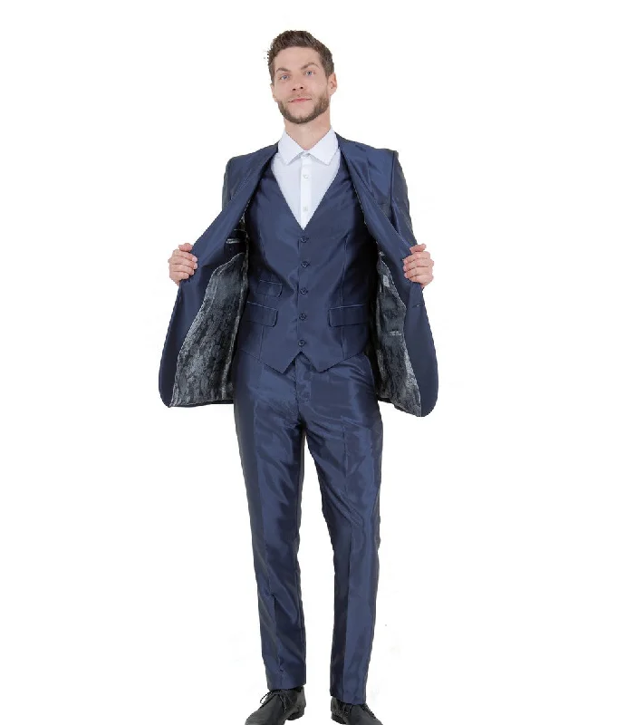 Contemporary Minimalism Odyssey Collection: Three-Piece Slim Fit Sharkskin Solid Suit in Navy