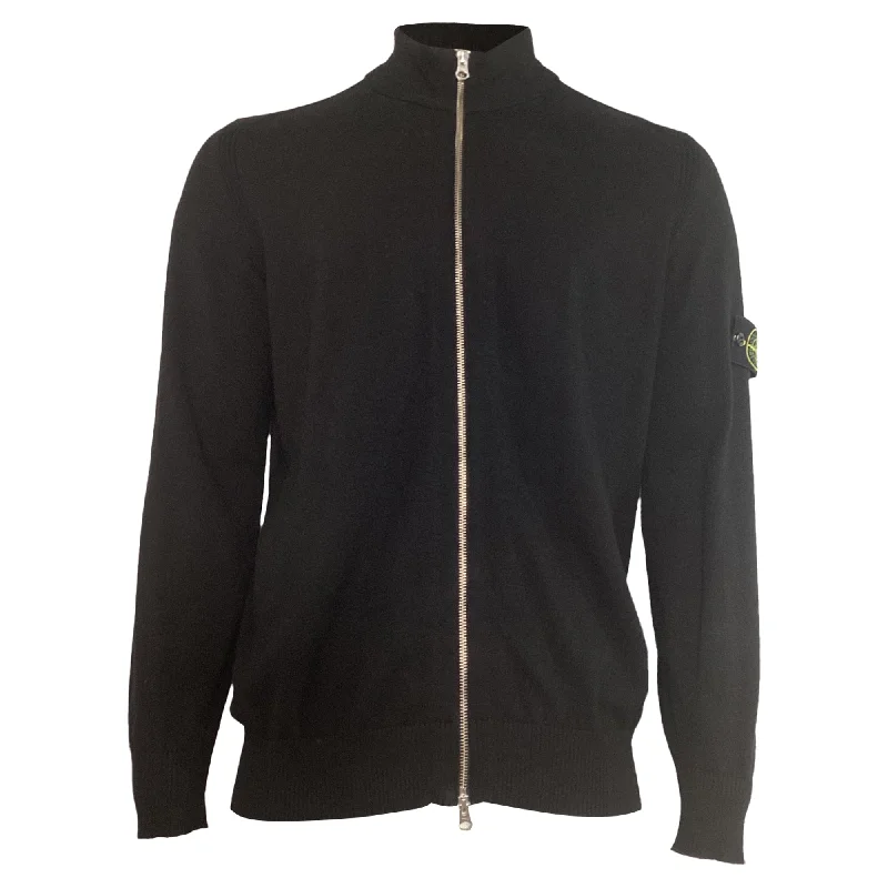 Weekend Chic Stone Island Rib Knit Zip Sweater in Black Wool