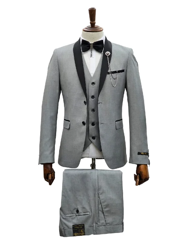 Simplistic Outfit 2 Button Silver Slim Fit Suit with Black Shawl Lapel FF2SSX+V-1230