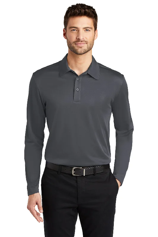 Timeless Prints Port Authority Mens Silk Touch Performance Moisture Wicking Long Sleeve Polo Shirt - Steel Grey