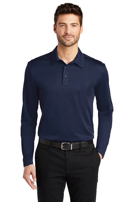 Retro Casual Port Authority Mens Silk Touch Performance Moisture Wicking Long Sleeve Polo Shirt - Navy Blue