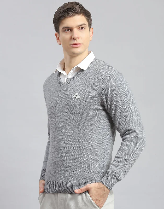 Relaxed Patterns Men Grey Melange Solid V Neck Full Sleeve Pullover