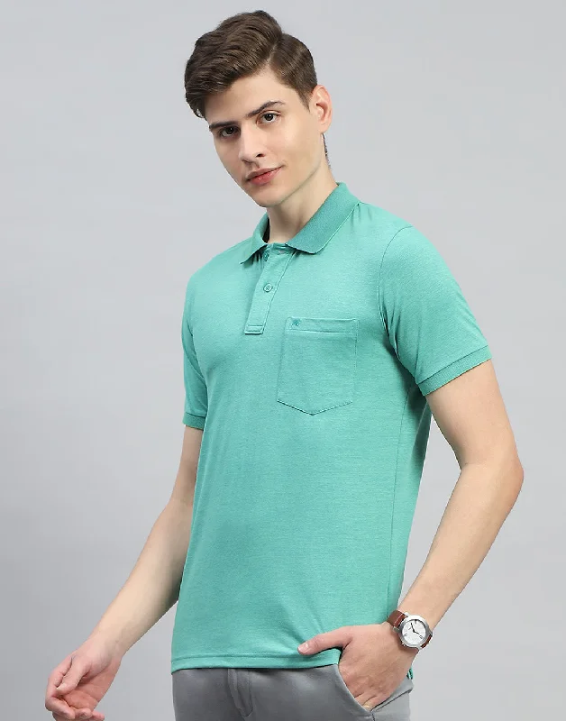 Sporty Minimalism Men Turquoise Blue Solid Polo Collar Half Sleeve T-Shirt