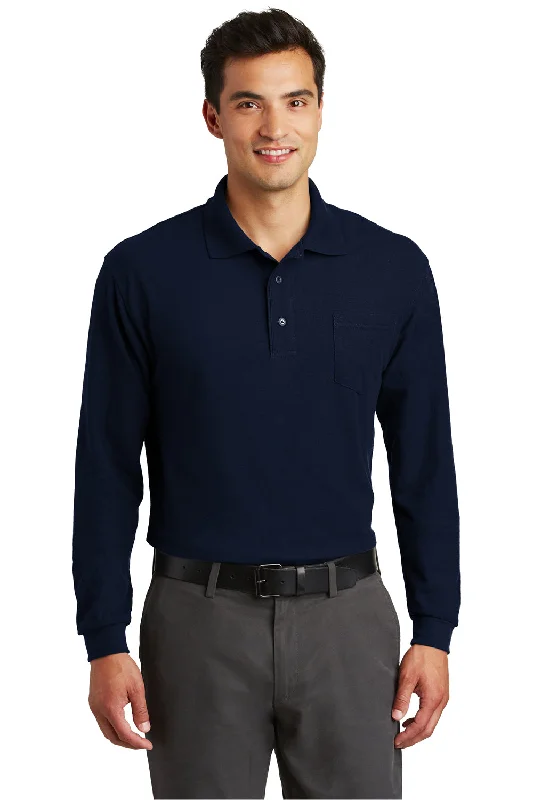 Contemporary Patterns Port Authority Mens Silk Touch Wrinkle Resistant Long Sleeve Polo Shirt w/ Pocket - Navy Blue