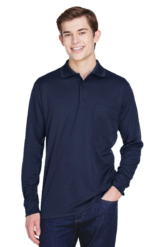 Sporty Tailoring Core 365 Mens Pinnacle Performance Moisture Wicking Long Sleeve Polo Shirt w/ Pocket - Classic Navy Blue