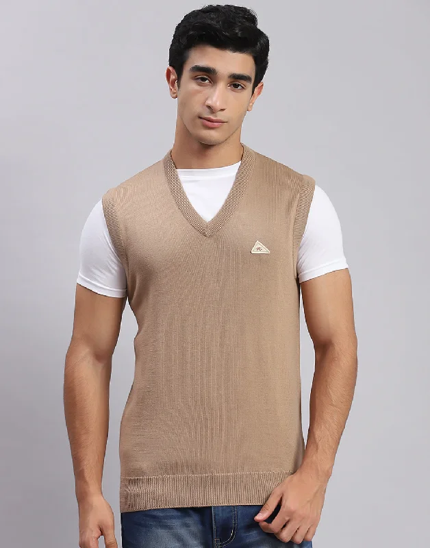 Luxe Casual Men Camel Brown Solid V Neck Sleeveless Sweaters/Pullovers