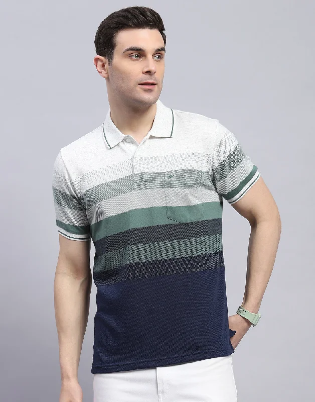 Fashionable Classics Men Green Stripe Polo Collar Half Sleeve T-Shirt