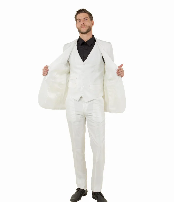 Retro Pastels Odyssey Collection: Three-Piece Slim Fit Sharkskin Solid Suit in Ivory