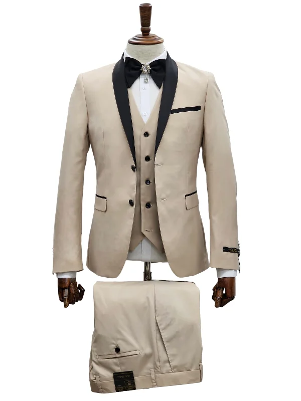 Chic Basics 2 Button Sand Slim Fit Suit with Black Shawl Lapel FF2SSX+V-1230