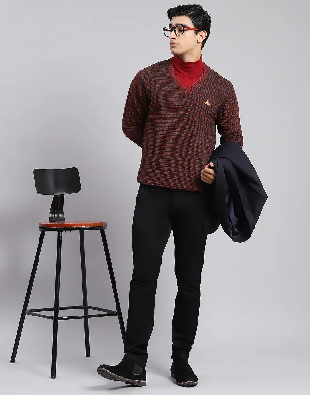 Modern Grunge Men Maroon Self Design V Neck Full Sleeve Sweaters/Pullovers