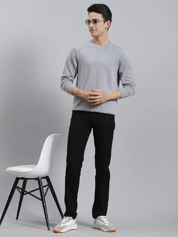 Smart Layering Men Grey Solid Round Neck Full Sleeve Sweaters/Pullovers