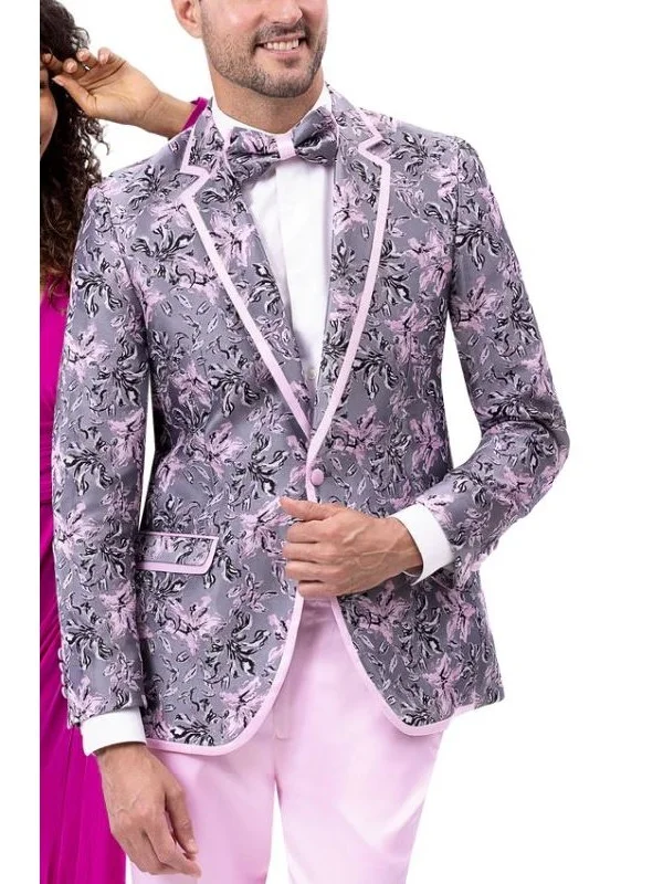 Chic Basics Kent & Park Mens Gray & Purple Cotton Blend 2 Piece Floral Prom Tuxedo Suit