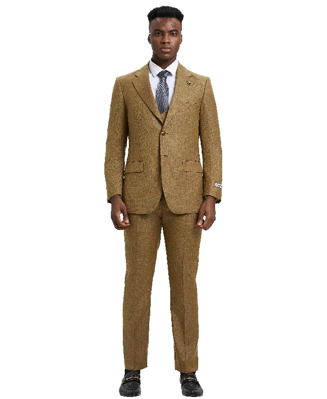 Structured Casual Stacy Adams Hybrid-Fit Textured Suit w/ Double Breasted Vest, Tan