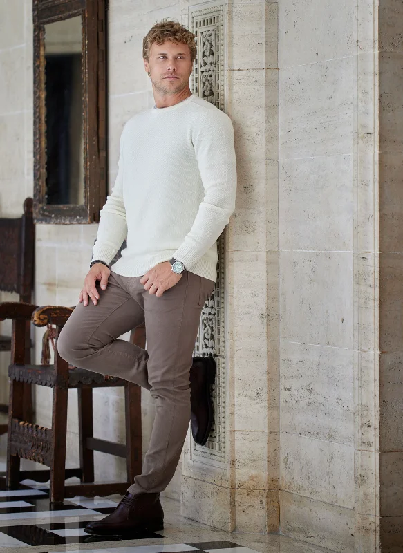 Cozy Layers Men's Tollegno Merino Wool Crew Neck Sweater in Ecru Mélange