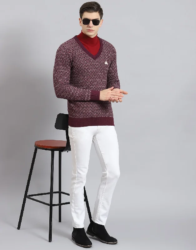 Relaxed Sportwear Men Purple Self Design V Neck Full Sleeve Sweater