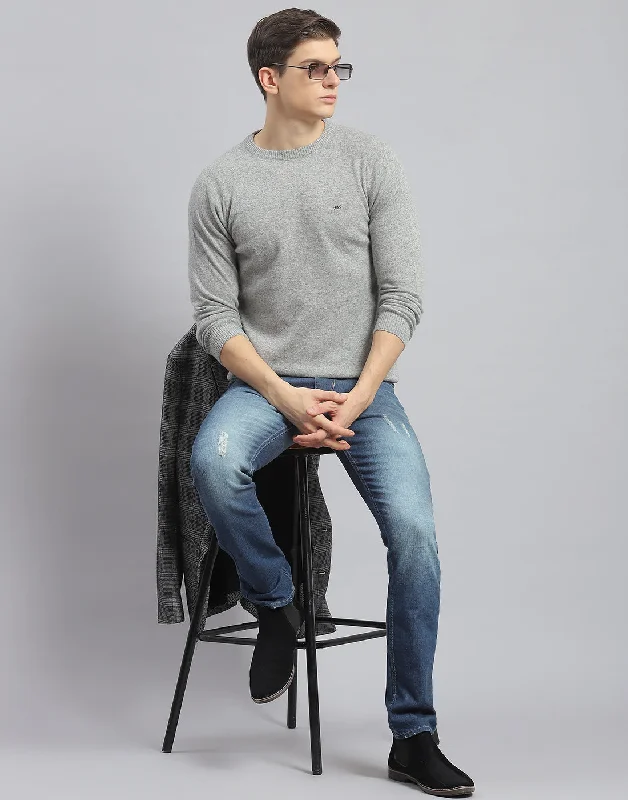 Retro Casual Men Grey Solid Round Neck Full Sleeve Pullover