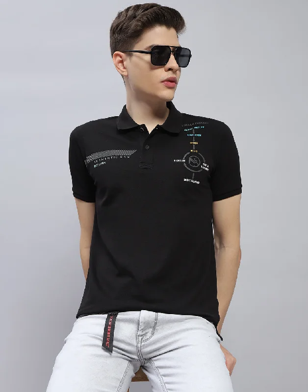 Chic Casualwear Men Black Printed Polo Collar Half Sleeve T-Shirt