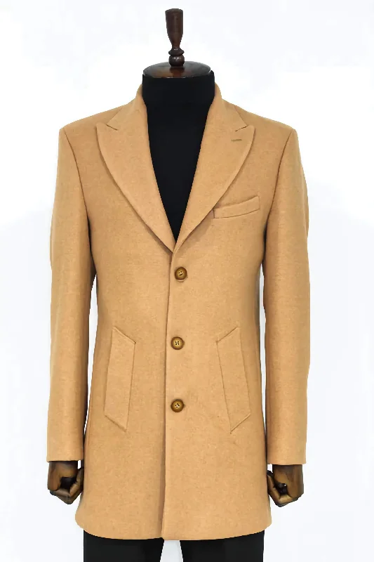 Earthy Fashion CAMEL WIDE LAPEL WOOL PEACOAT SLIM FIT