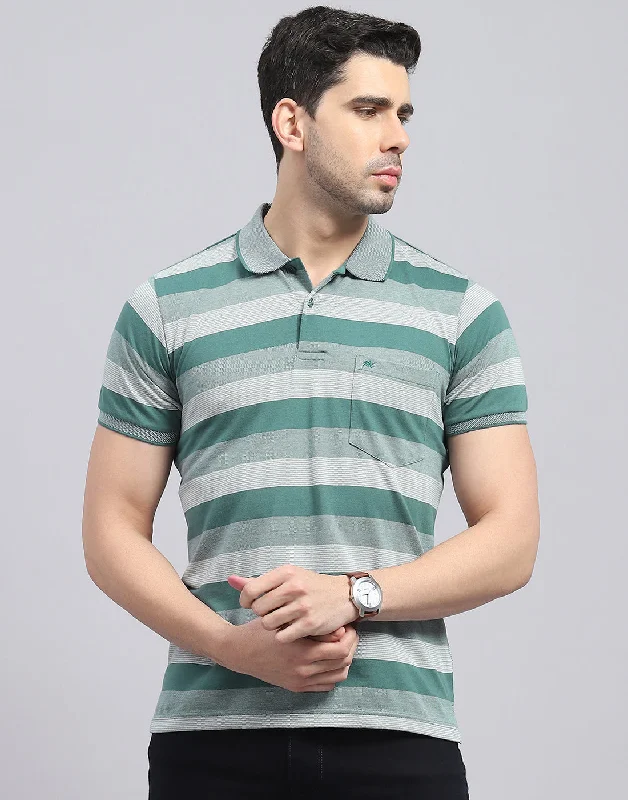 Artistic Layers Men Green Stripe Polo Collar Half Sleeve T-Shirt