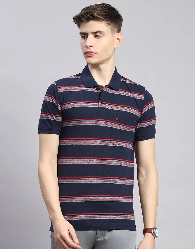 Relaxed Outdoors Men Navy Blue Stripe Polo Collar Half Sleeve T-Shirt