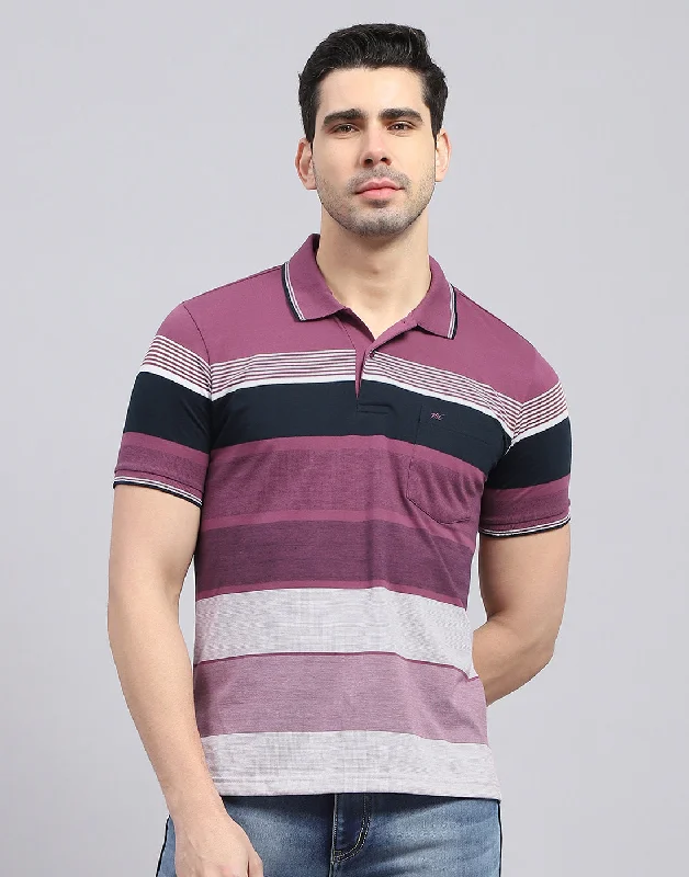 Simple Aesthetic Men Purple Stripe Polo Collar Half Sleeve T-Shirt