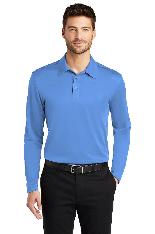 Elevated Monochrome Port Authority Mens Silk Touch Performance Moisture Wicking Long Sleeve Polo Shirt - Carolina Blue