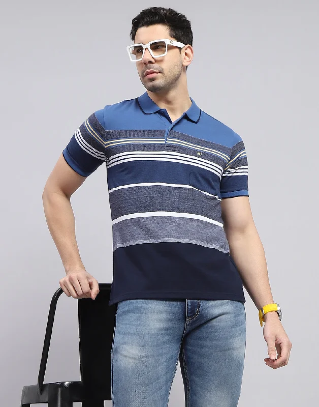 Preppy Minimalism Men Blue Stripe Polo Collar Half Sleeve T-Shirt