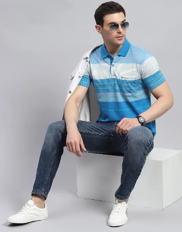 Urban Layering Men Blue Stripe Polo Collar Half Sleeve T-Shirt