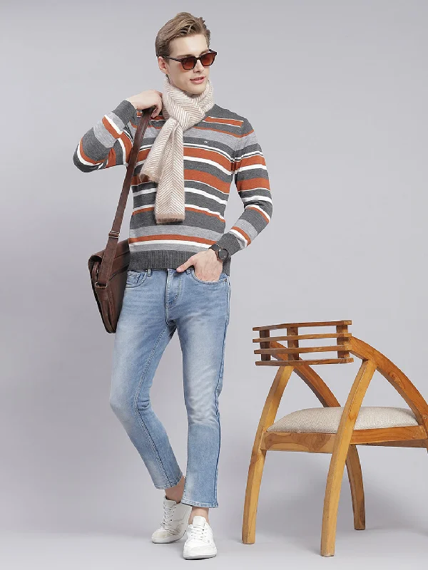 Statement Denim Men Grey Stripe V Neck Full Sleeve Sweaters/Pullovers