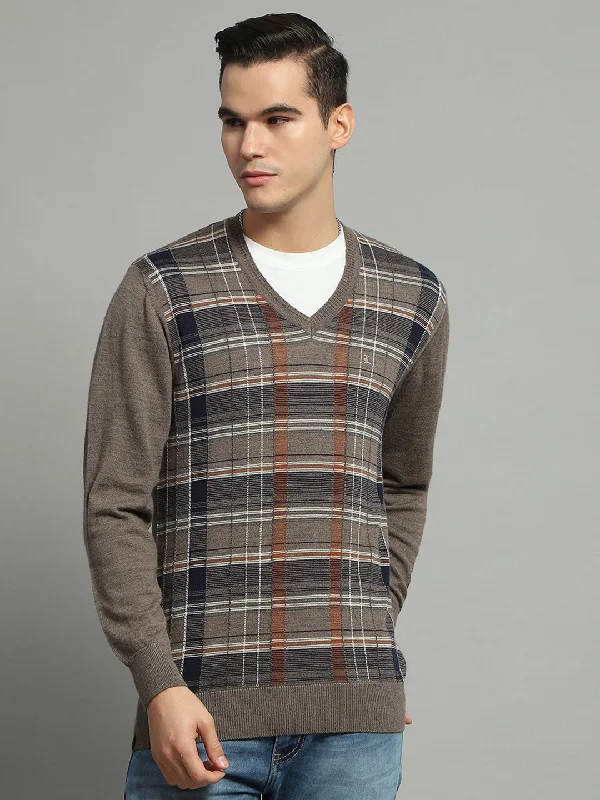 Clean Utility Men Grey Check V Neck Full Sleeve Pullover