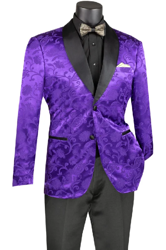 Relaxed Patterns Slim Fit Silky Jacquard Fabric Sport Coat Single Breasted 2 Buttons with Bow Tie Purple