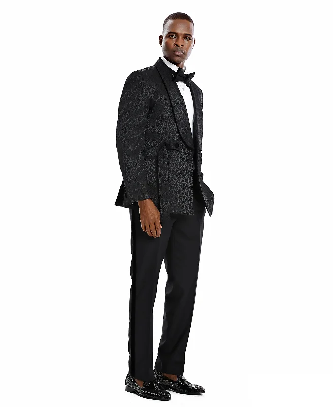 Contemporary Minimalism Tazzio Skinny Fit Paisley Shawl Collar Suit, Black w/ Satin Trim