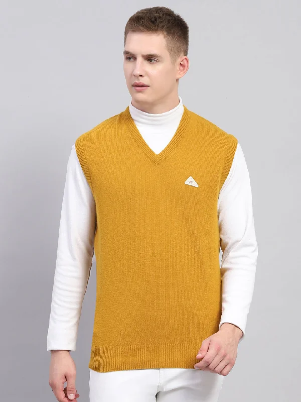 Cozy Layers Men Mustard Solid V Neck Sleeveless Sweater