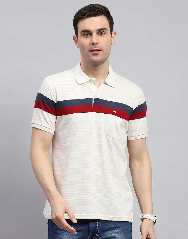 Smart Layering Men Cream Stripe Polo Collar Half Sleeve T-Shirt