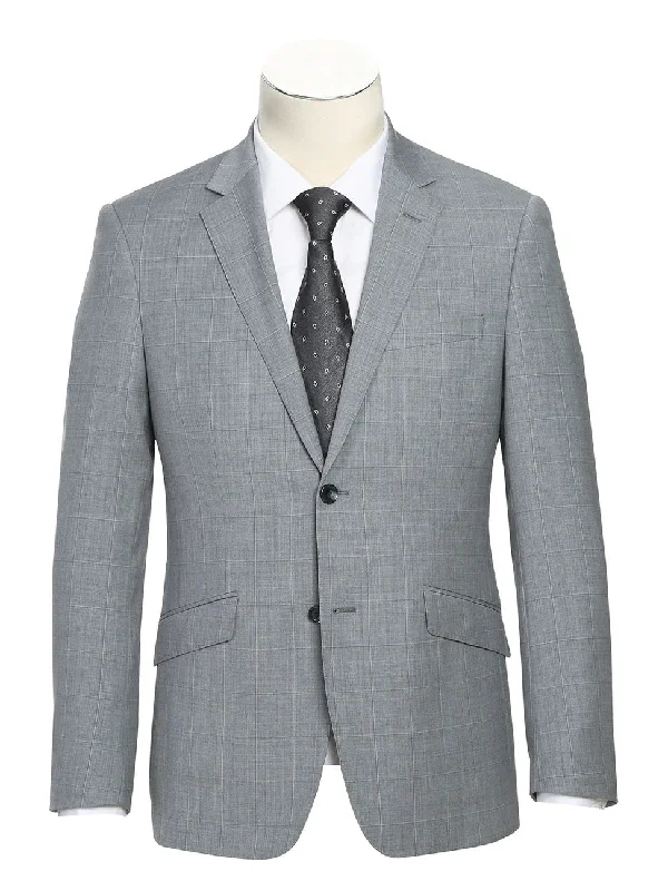 Boho Streetwear Raphael Mens Light Gray Check Slim Fit Wool Blend Stretch 2 Piece Suit