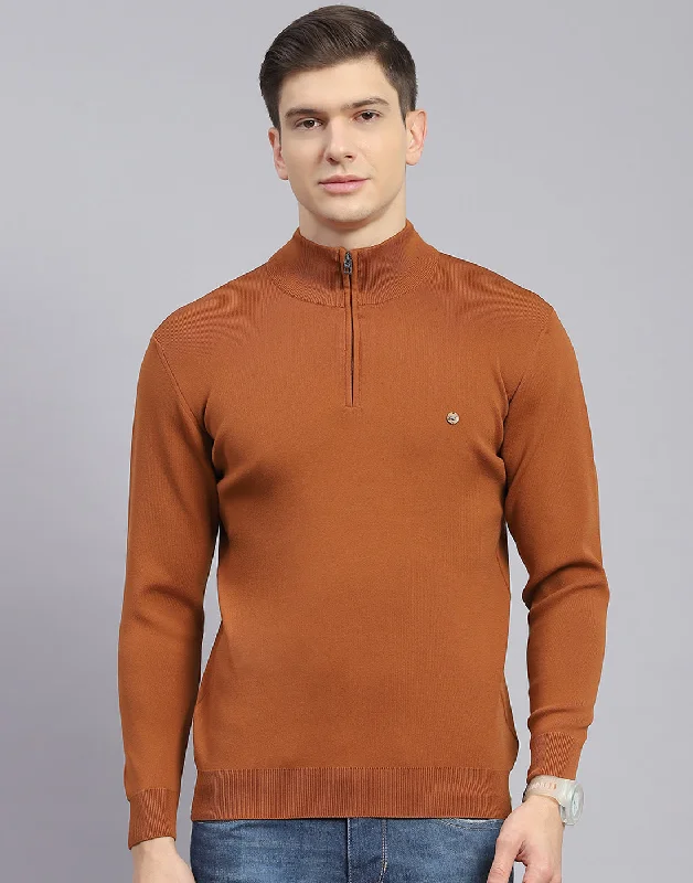 Polished Minimalism Men Rust Solid H Neck Full Sleeve Sweater