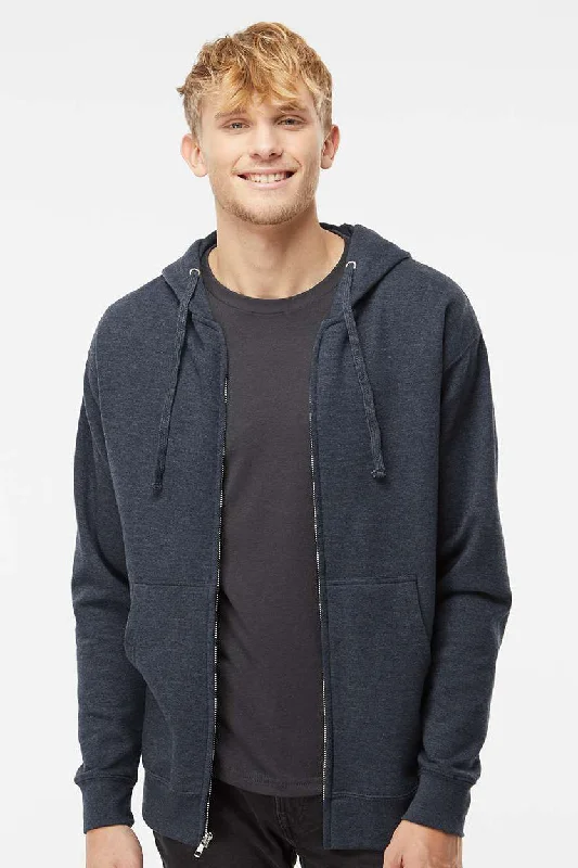 Tailored Utility Independent Trading Company Mens Full Zip Hooded Sweatshirt Hoodie w/ Pockets - Heather Classic Navy Blue