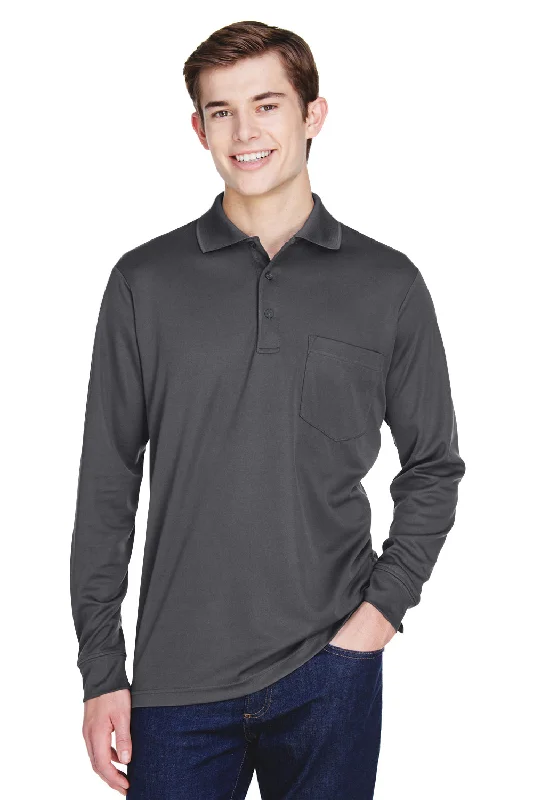 Retro Tailoring Core 365 Mens Pinnacle Performance Moisture Wicking Long Sleeve Polo Shirt w/ Pocket - Carbon Grey