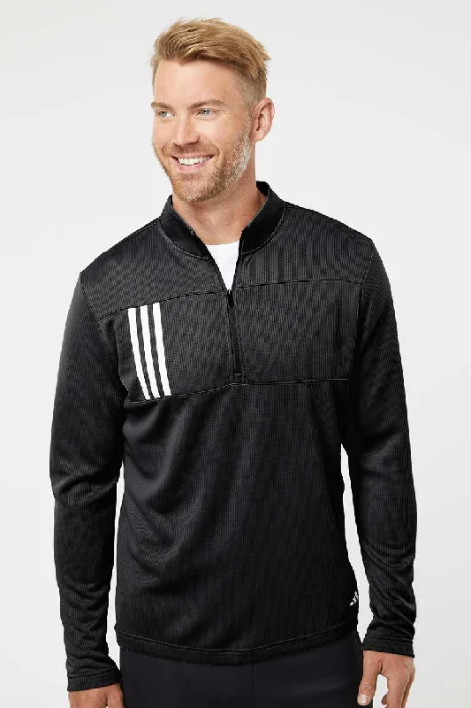 Classic Sporty Adidas Mens 3 Stripes Double Knit Moisture Wicking 1/4 Zip Sweatshirt - Black